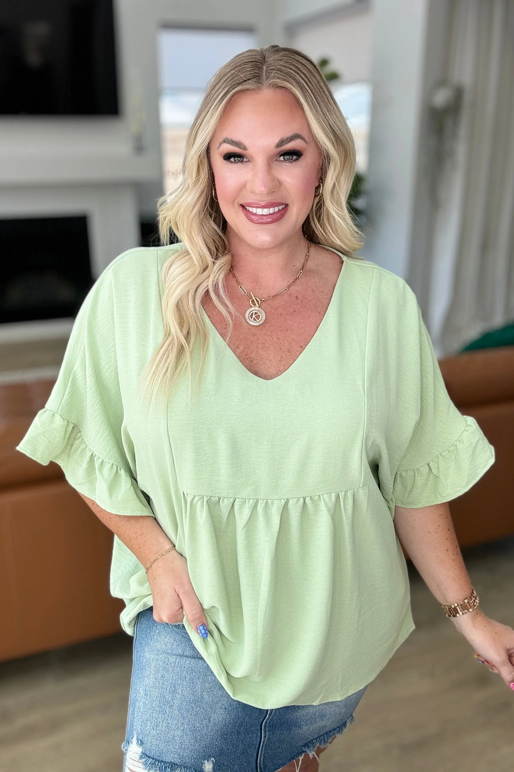 Airflow Peplum Ruffle Sleeve Top in Sage - 4/24