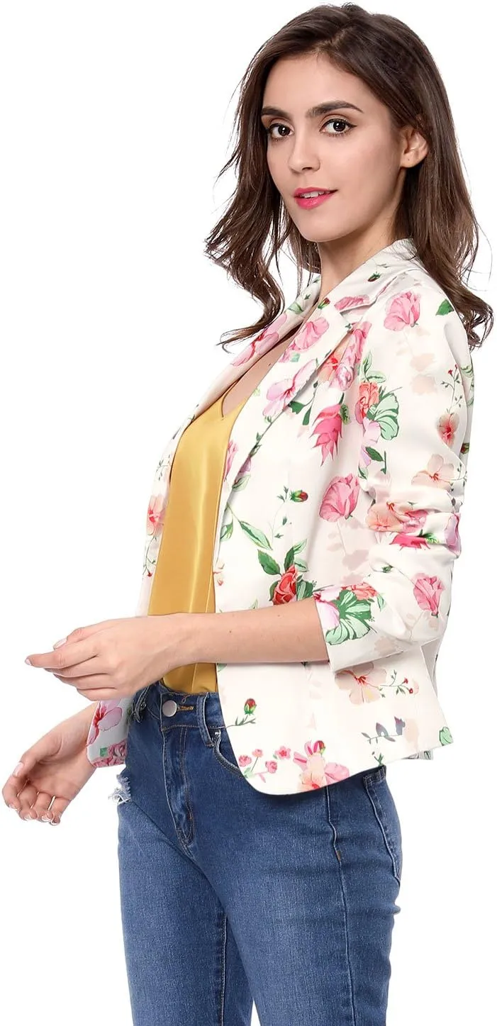 Allegra K Women's Work Casual Fitted Blazer Notch Lapel Printed Open Front Suit Jacket