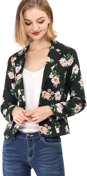 Allegra K Women's Work Casual Fitted Blazer Notch Lapel Printed Open Front Suit Jacket