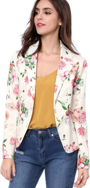 Allegra K Women's Work Casual Fitted Blazer Notch Lapel Printed Open Front Suit Jacket