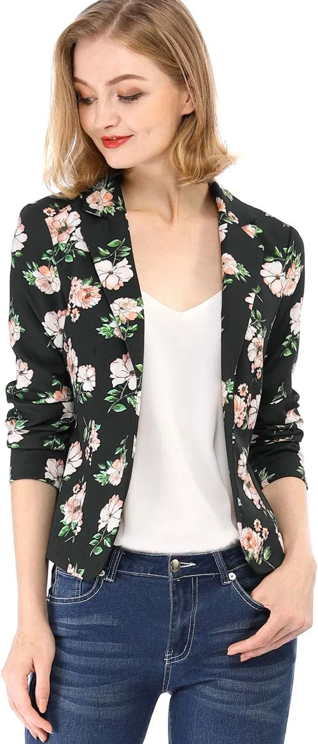 Allegra K Women's Work Casual Fitted Blazer Notch Lapel Printed Open Front Suit Jacket
