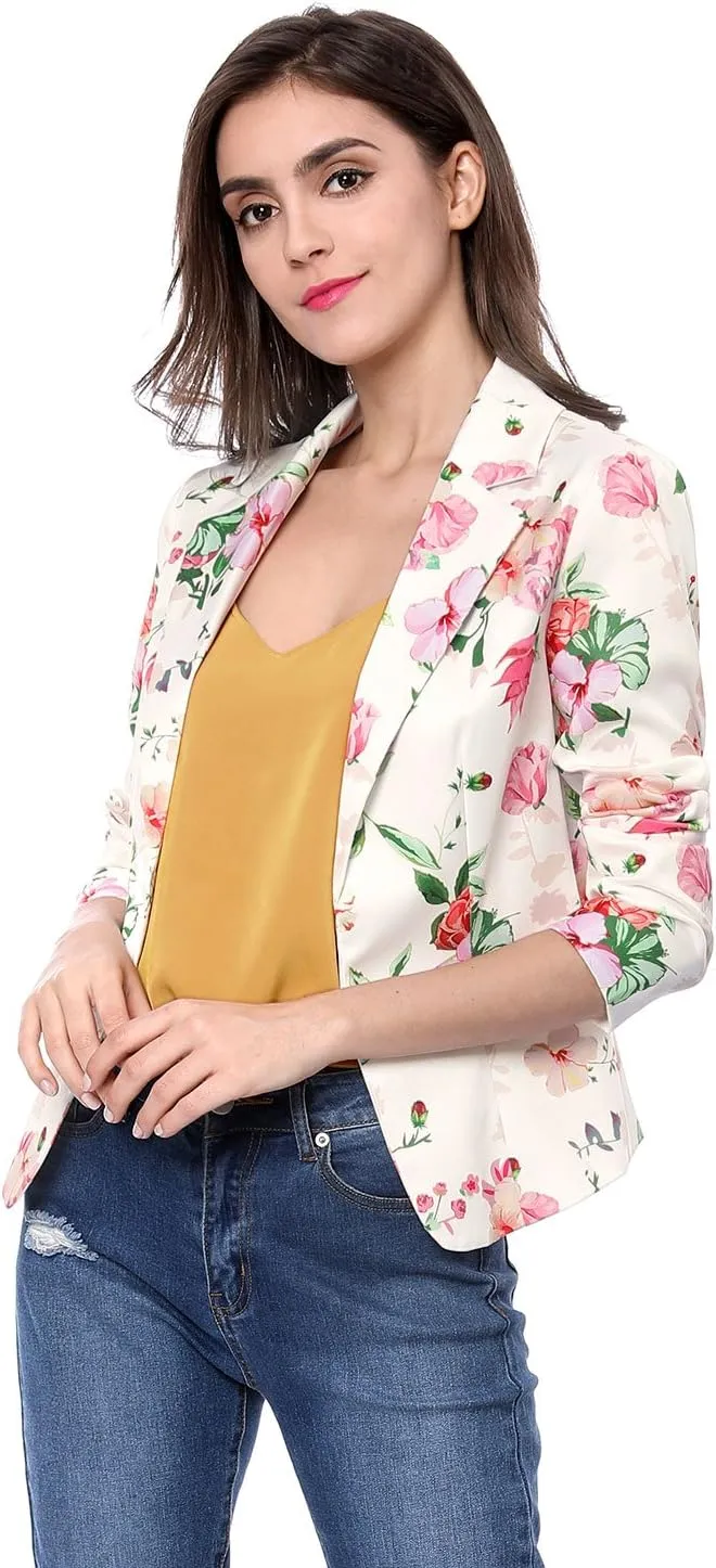 Allegra K Women's Work Casual Fitted Blazer Notch Lapel Printed Open Front Suit Jacket