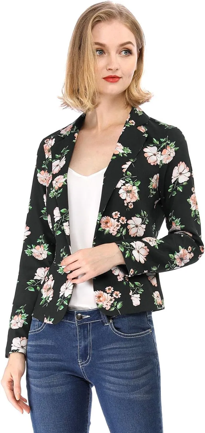 Allegra K Women's Work Casual Fitted Blazer Notch Lapel Printed Open Front Suit Jacket