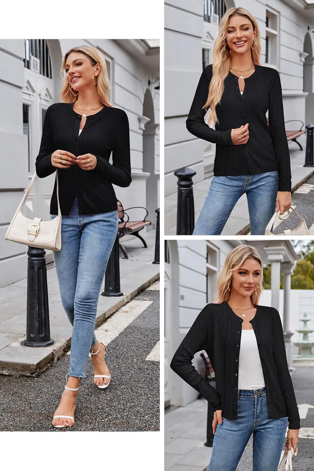 Arach&Cloz Womens 2025 Cable Knit Cardigan Long Sleeve Button Down Casual Sweater Lightweight Crew Neck Soft Spring Top