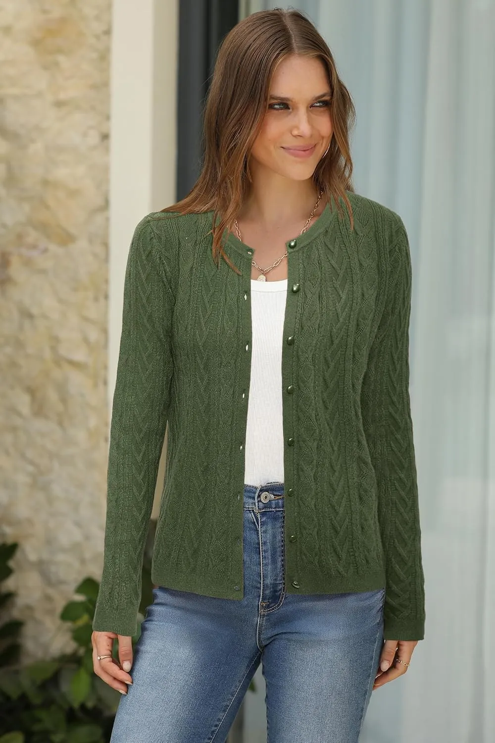 Arach&Cloz Womens 2025 Cable Knit Cardigan Long Sleeve Button Down Casual Sweater Lightweight Crew Neck Soft Spring Top