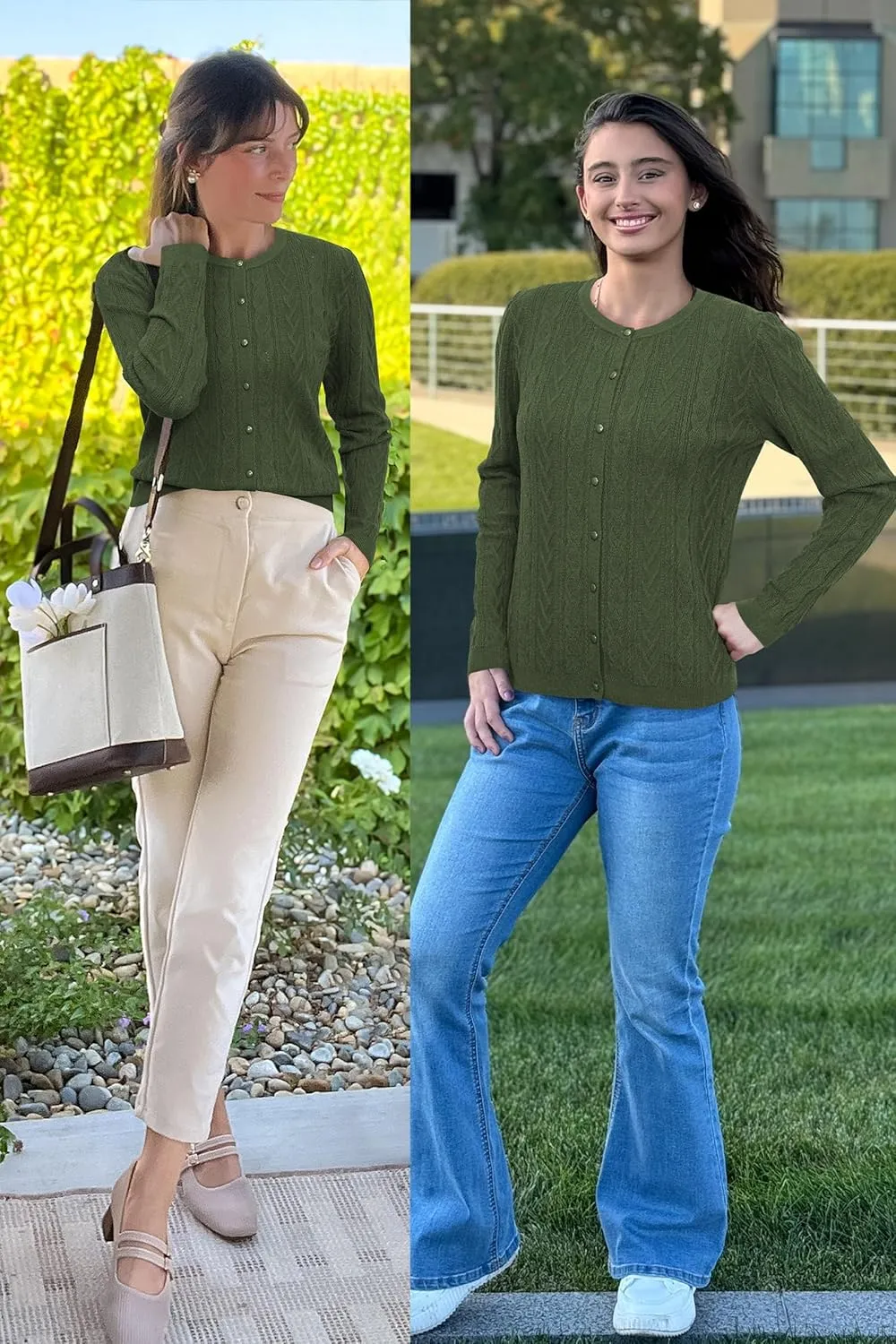Arach&Cloz Womens 2025 Cable Knit Cardigan Long Sleeve Button Down Casual Sweater Lightweight Crew Neck Soft Spring Top