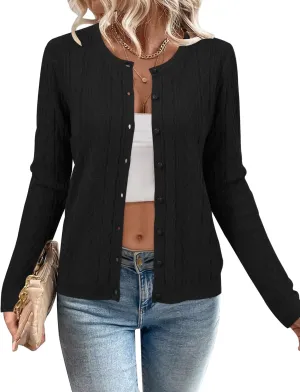 Arach&Cloz Womens 2025 Cable Knit Cardigan Long Sleeve Button Down Casual Sweater Lightweight Crew Neck Soft Spring Top
