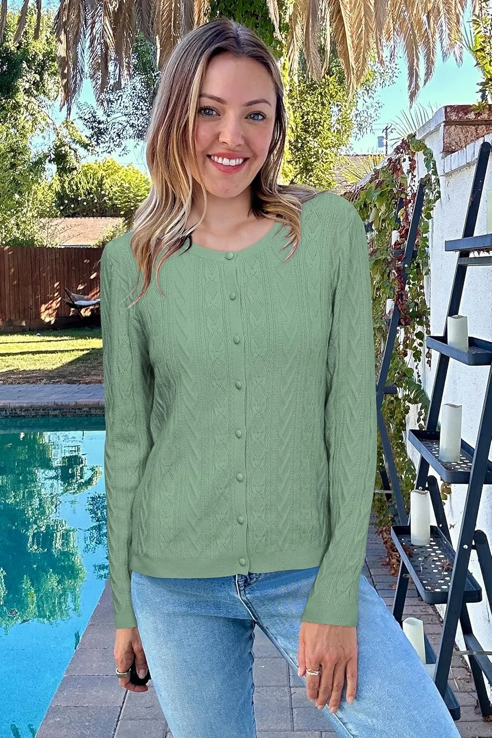 Arach&Cloz Womens 2025 Cable Knit Cardigan Long Sleeve Button Down Casual Sweater Lightweight Crew Neck Soft Spring Top