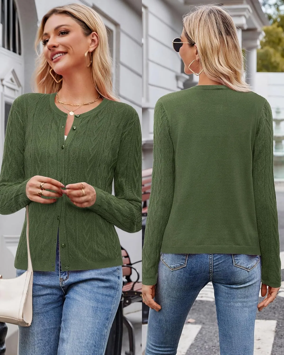 Arach&Cloz Womens 2025 Cable Knit Cardigan Long Sleeve Button Down Casual Sweater Lightweight Crew Neck Soft Spring Top