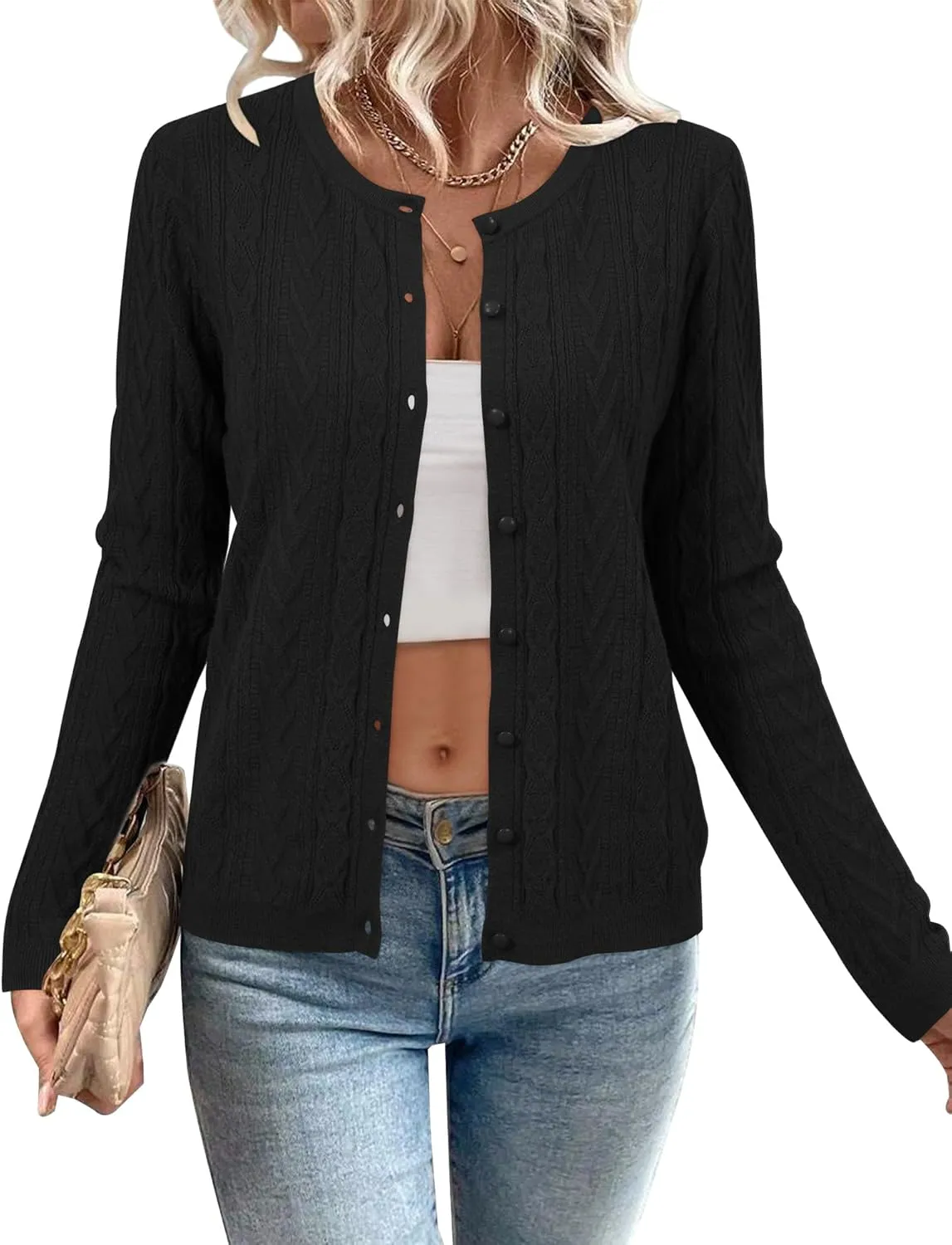 Arach&Cloz Womens 2025 Cable Knit Cardigan Long Sleeve Button Down Casual Sweater Lightweight Crew Neck Soft Spring Top