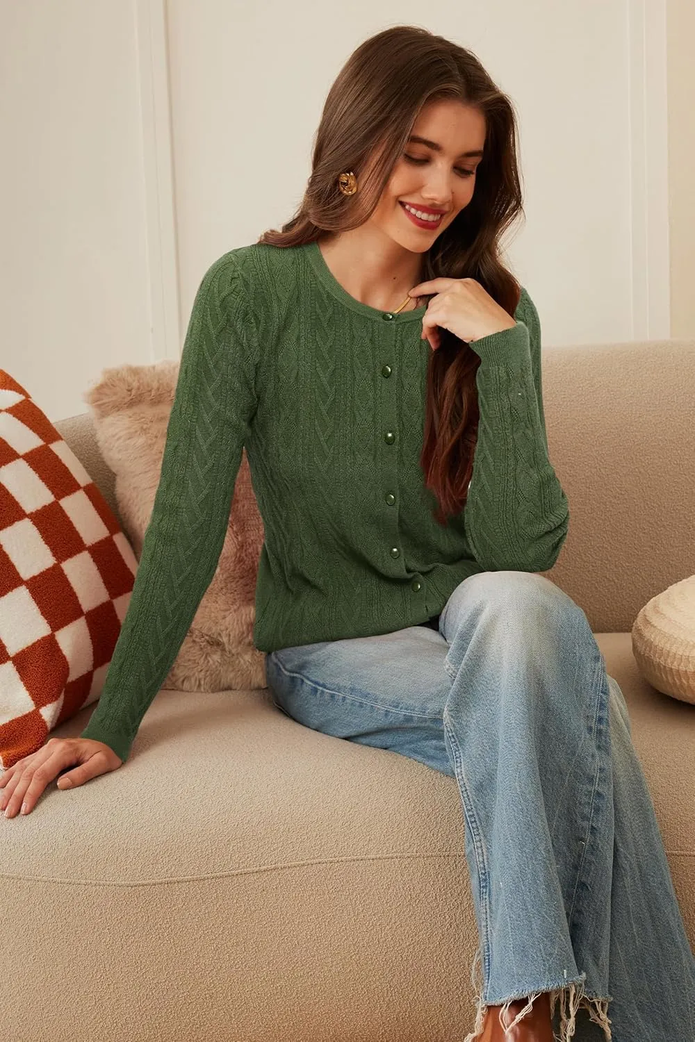 Arach&Cloz Womens 2025 Cable Knit Cardigan Long Sleeve Button Down Casual Sweater Lightweight Crew Neck Soft Spring Top