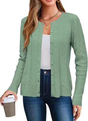 Arach&Cloz Womens 2025 Cable Knit Cardigan Long Sleeve Button Down Casual Sweater Lightweight Crew Neck Soft Spring Top