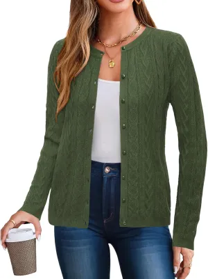 Arach&Cloz Womens 2025 Cable Knit Cardigan Long Sleeve Button Down Casual Sweater Lightweight Crew Neck Soft Spring Top
