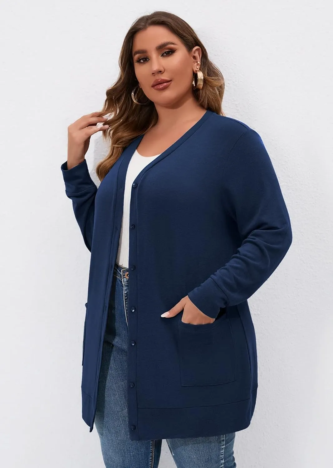 AusLook Plus Size Lightweight Cardigan For Women long Sleeve Coat Open Front Bolero Tops Button Down Soft Outwear 1X-5X