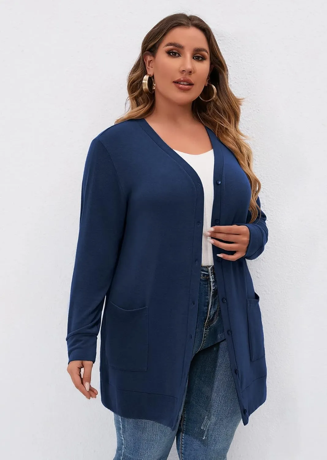AusLook Plus Size Lightweight Cardigan For Women long Sleeve Coat Open Front Bolero Tops Button Down Soft Outwear 1X-5X