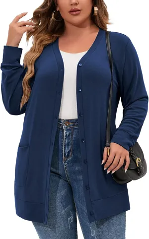 AusLook Plus Size Lightweight Cardigan For Women long Sleeve Coat Open Front Bolero Tops Button Down Soft Outwear 1X-5X