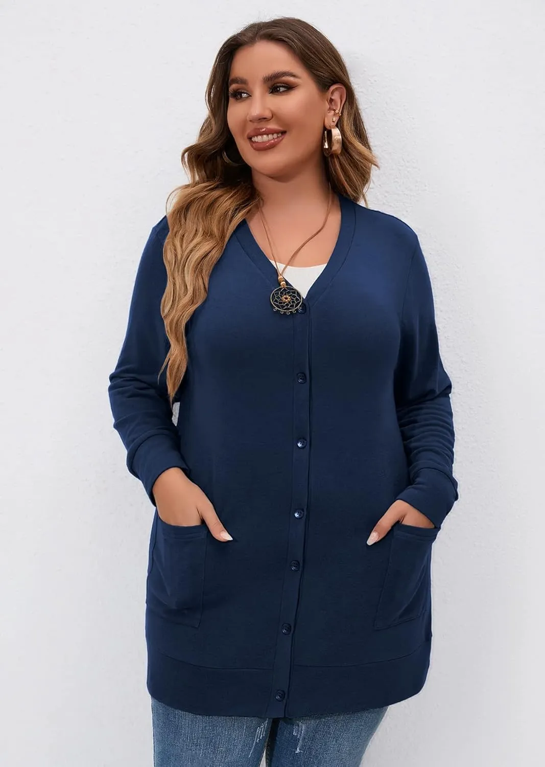 AusLook Plus Size Lightweight Cardigan For Women long Sleeve Coat Open Front Bolero Tops Button Down Soft Outwear 1X-5X