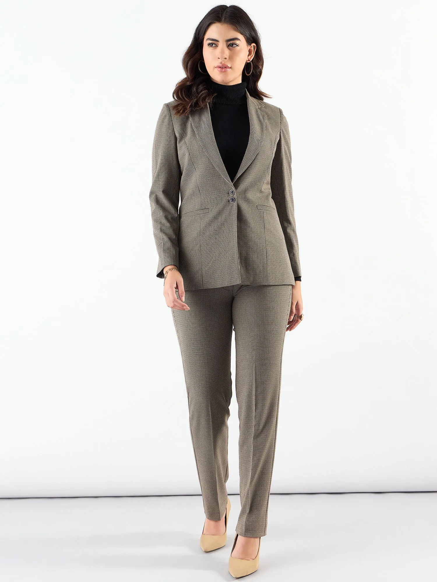 Beige Polyester Notched Lapel Refined Check Blazer & Trouser