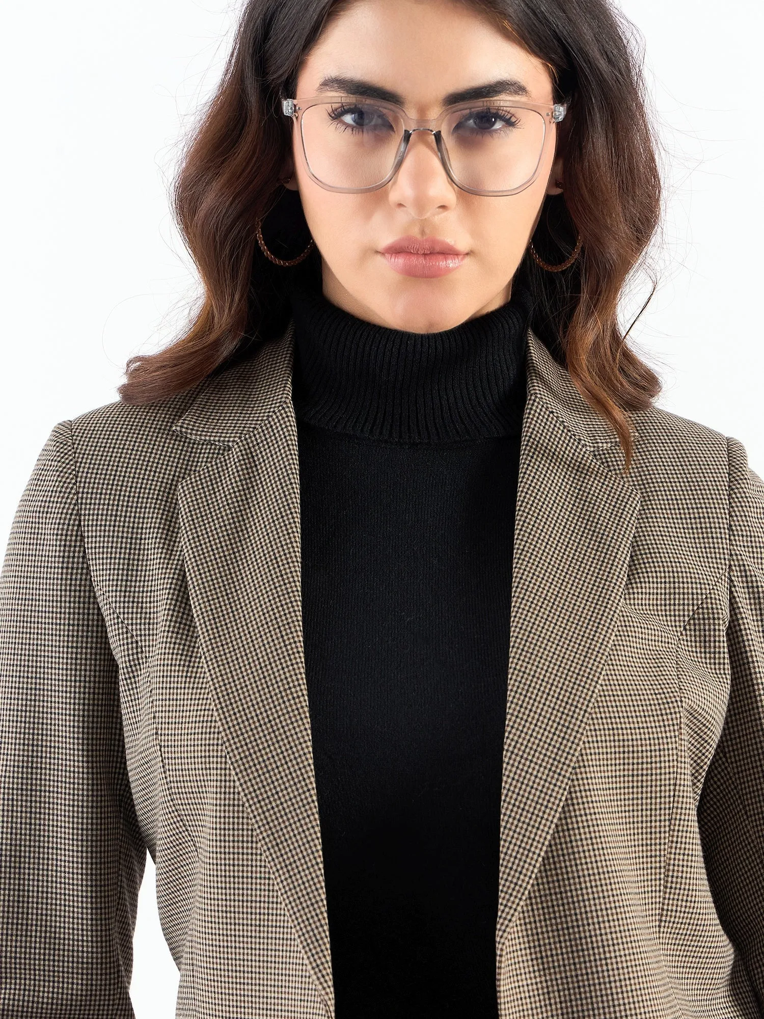 Beige Polyester Notched Lapel Refined Check Blazer & Trouser
