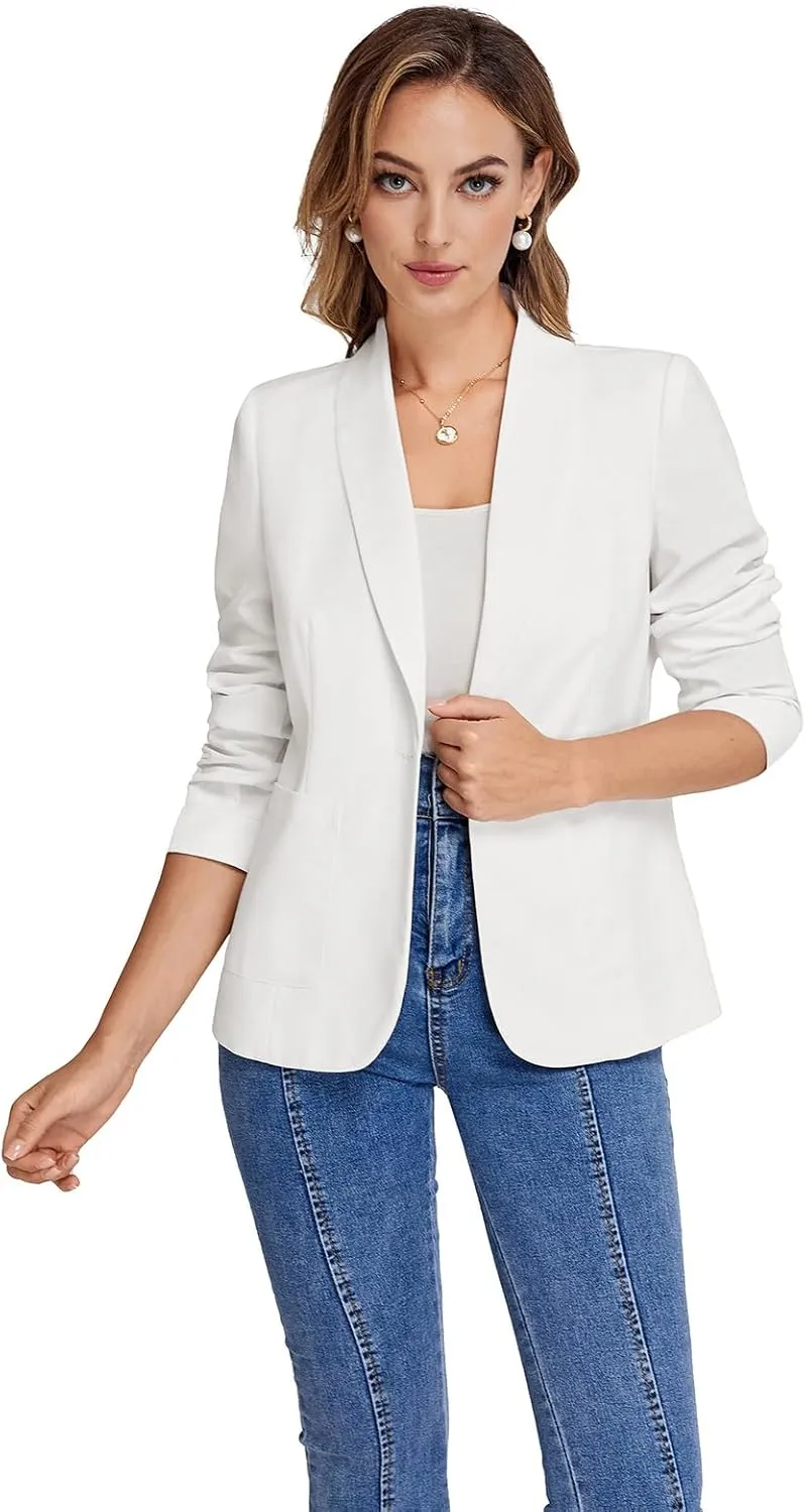 Belle Poque Women's Linen Blazer Lightweight Long Sleeve Shawl Lapel Suit Jacket Coat for Office Work Travel