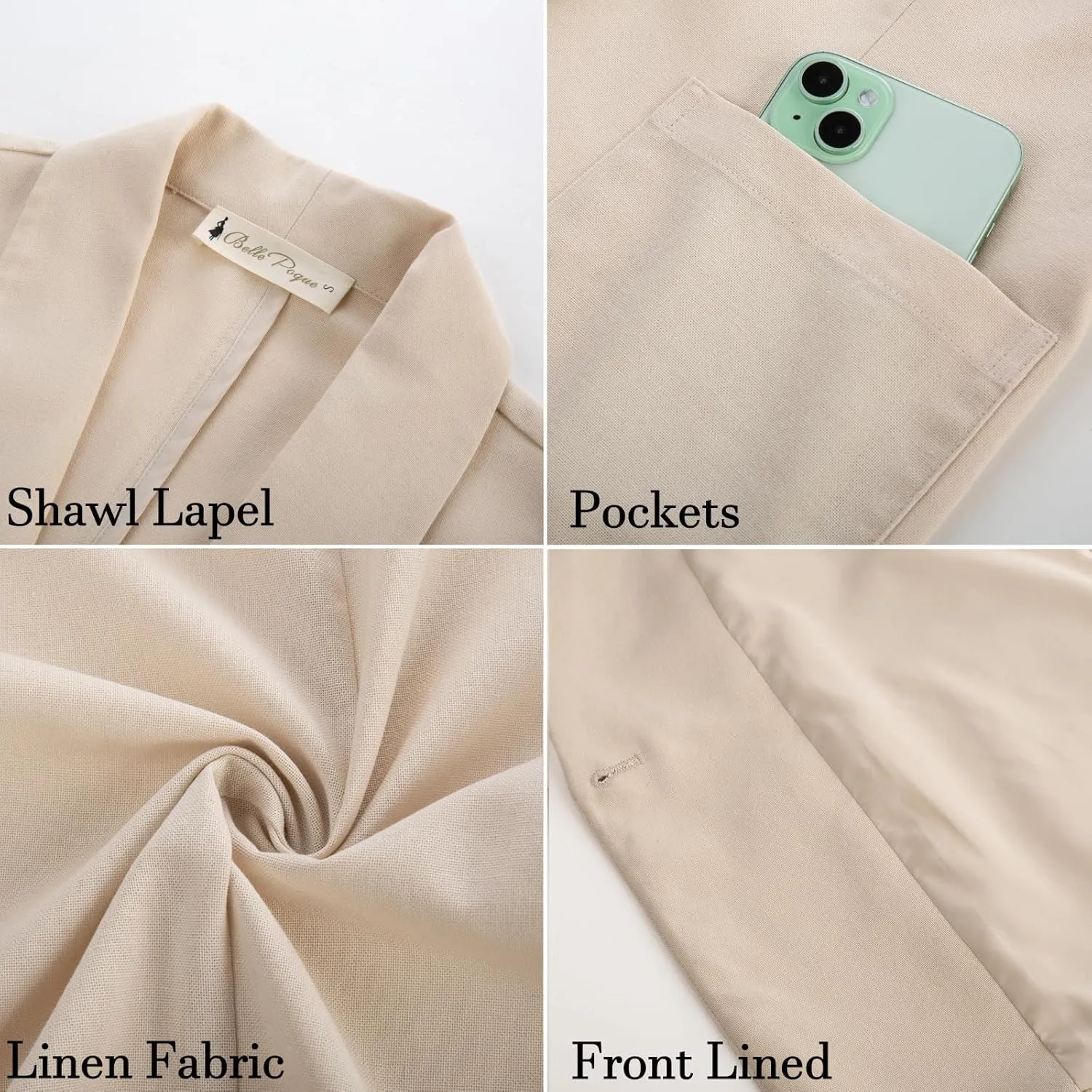 Belle Poque Women's Linen Blazer Lightweight Long Sleeve Shawl Lapel Suit Jacket Coat for Office Work Travel