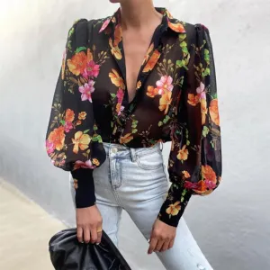 Black Floral Print Long Sleeves T Shirts