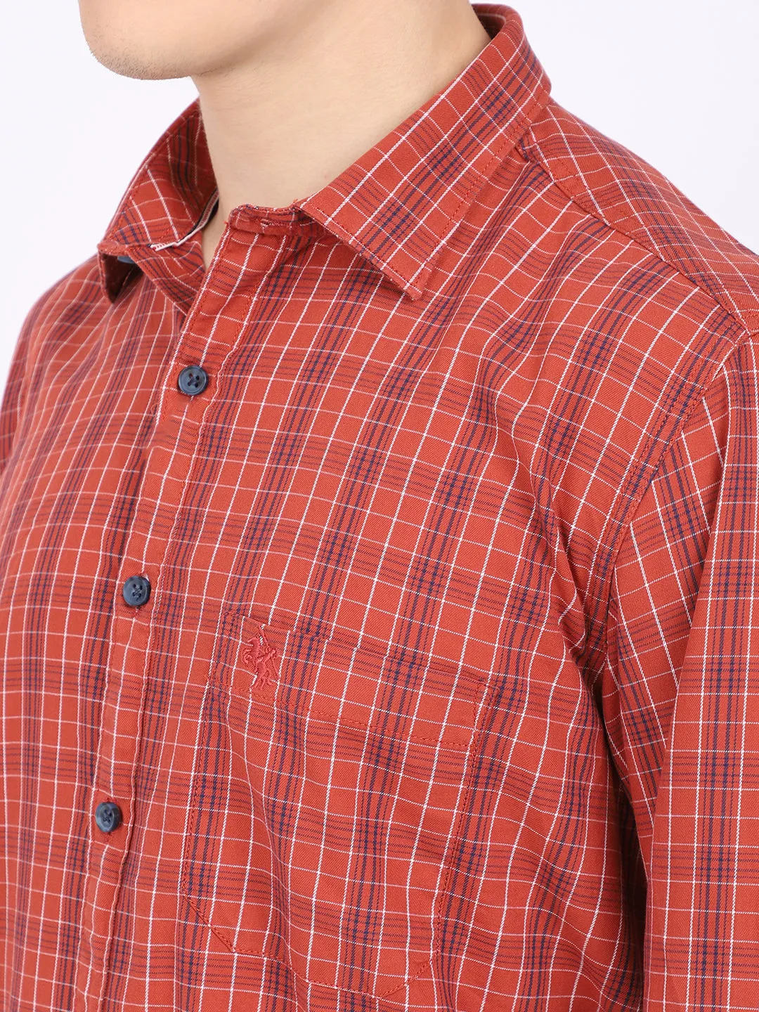 Cantabil Cotton Checkered Rust Full Sleeve Casual Shirt for Men with Pocket