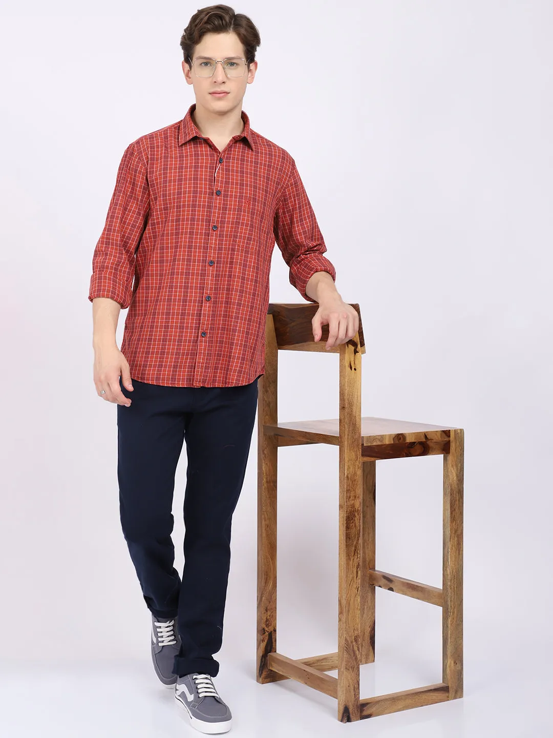 Cantabil Cotton Checkered Rust Full Sleeve Casual Shirt for Men with Pocket