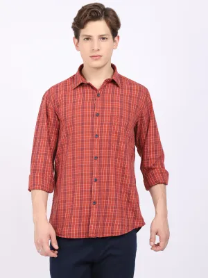 Cantabil Cotton Checkered Rust Full Sleeve Casual Shirt for Men with Pocket