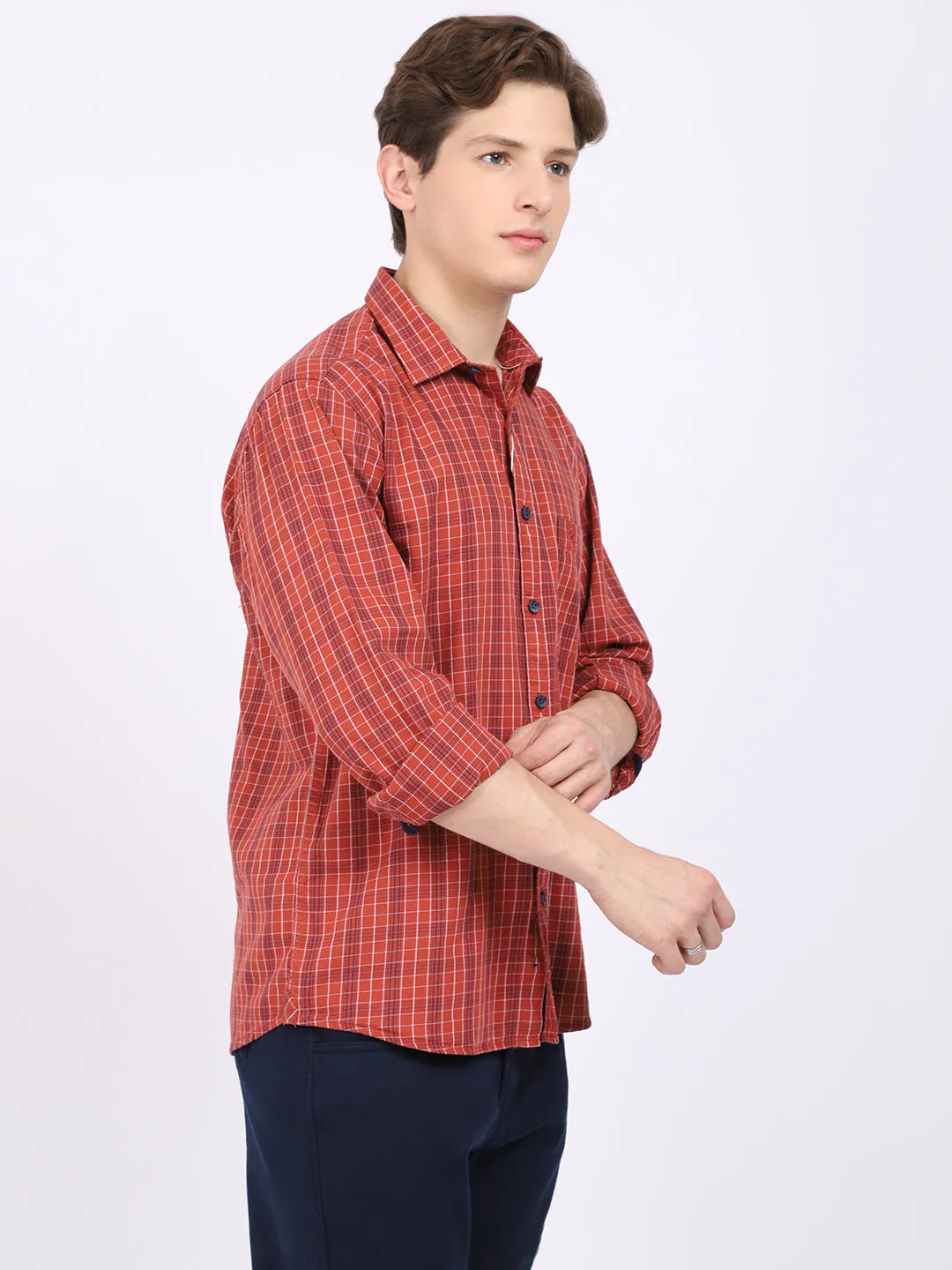 Cantabil Cotton Checkered Rust Full Sleeve Casual Shirt for Men with Pocket