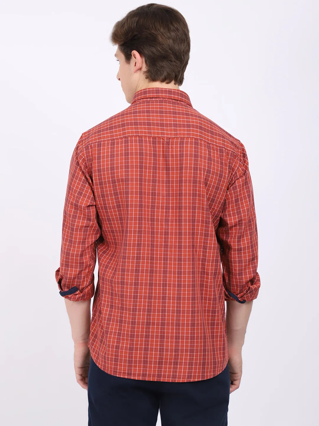 Cantabil Cotton Checkered Rust Full Sleeve Casual Shirt for Men with Pocket
