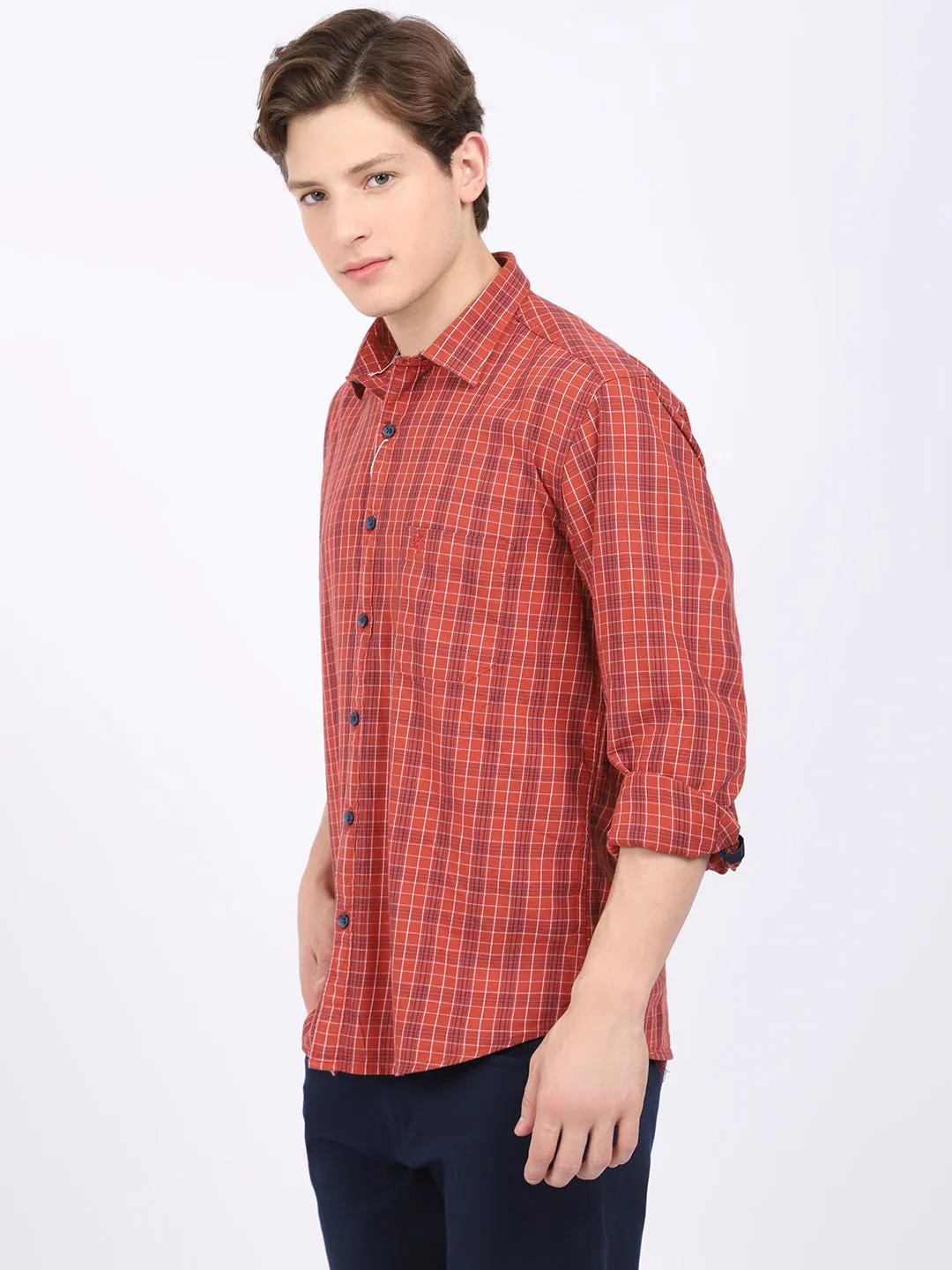 Cantabil Cotton Checkered Rust Full Sleeve Casual Shirt for Men with Pocket