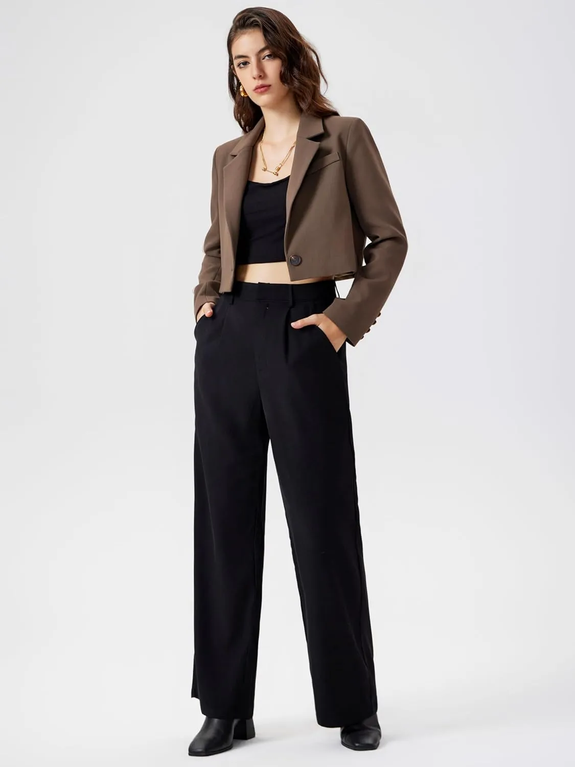 CIDER Womens Blazer Cropped Business Casual Open Front Long Sleeve Suit Work Office Blazer Jacket