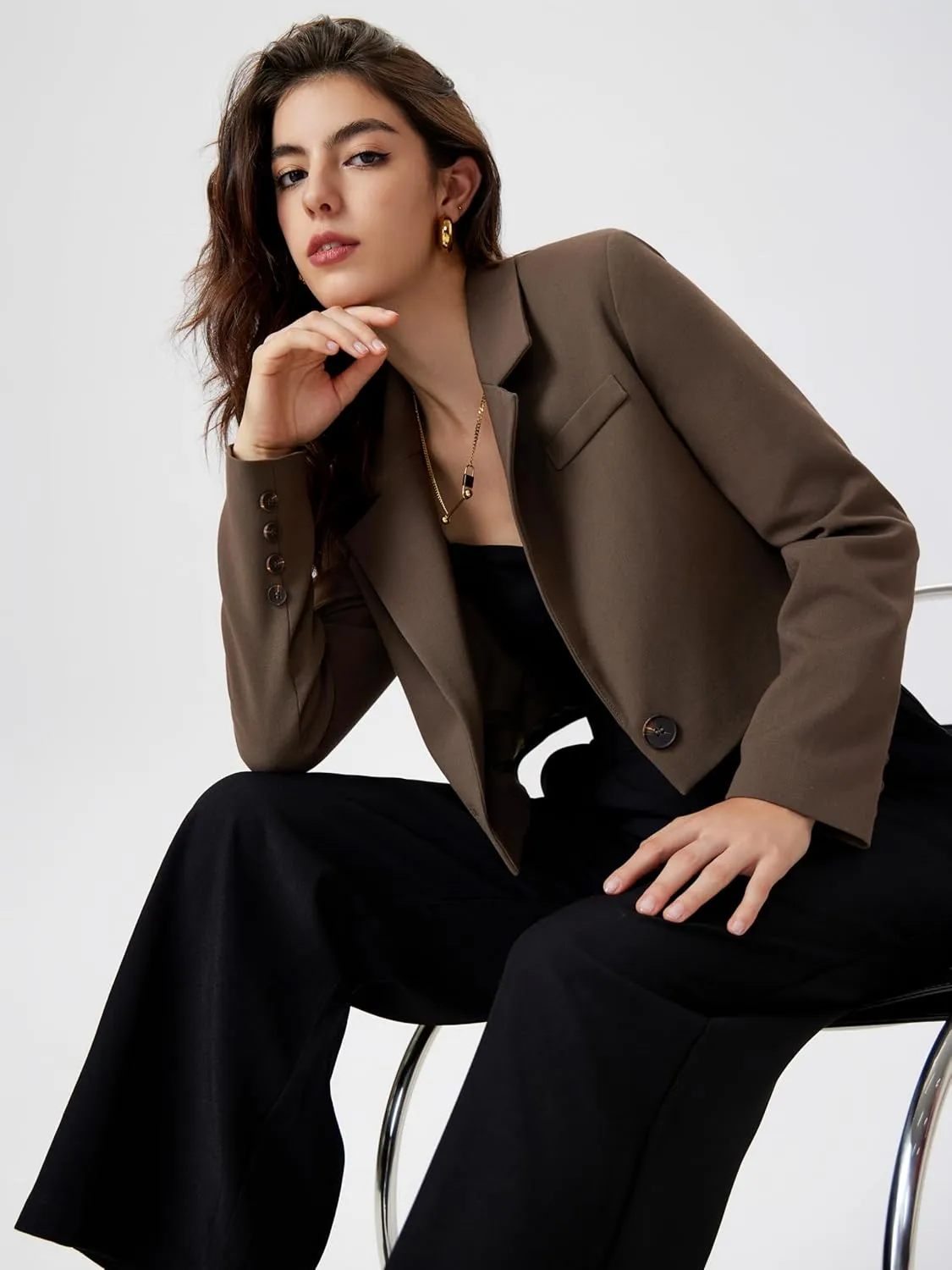 CIDER Womens Blazer Cropped Business Casual Open Front Long Sleeve Suit Work Office Blazer Jacket