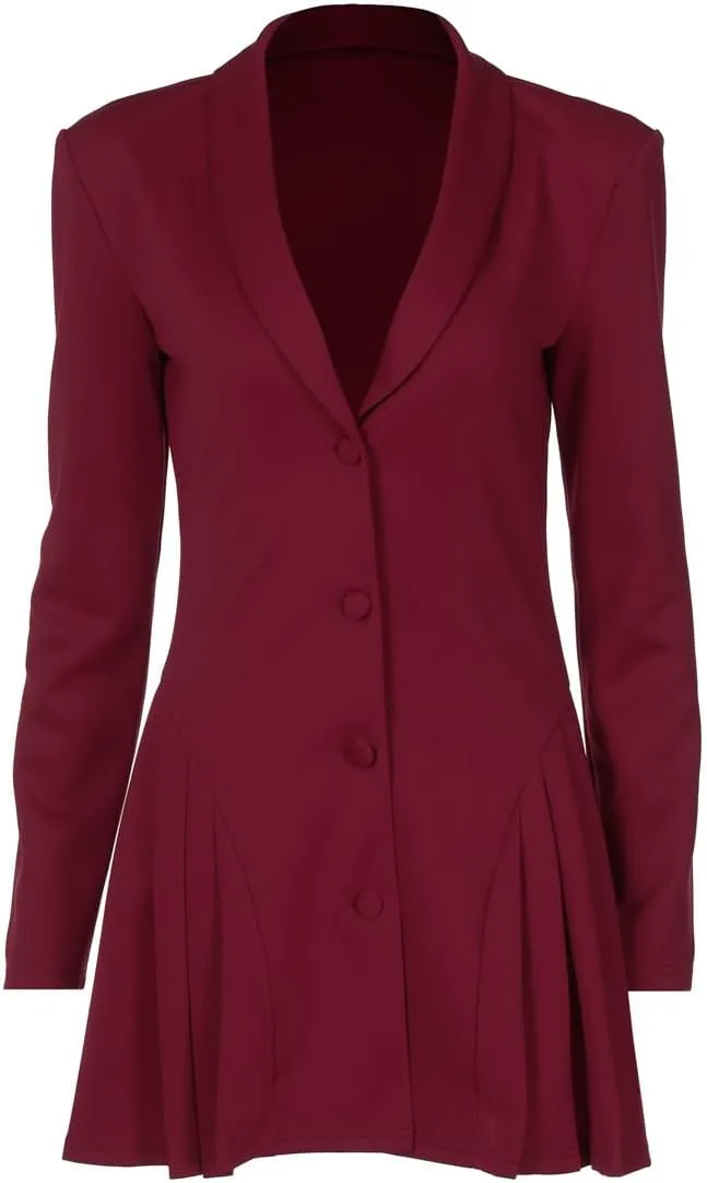 CORIRESHA Women's Elegant Deep V-Neck Long Sleeve Button Pleated Mini Blazer Dress
