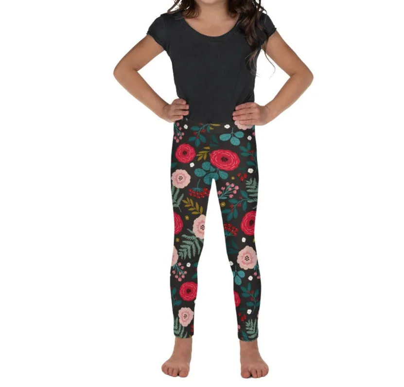 Dark Brown, Pink & Green Floral Kid's Leggings (2T-7)