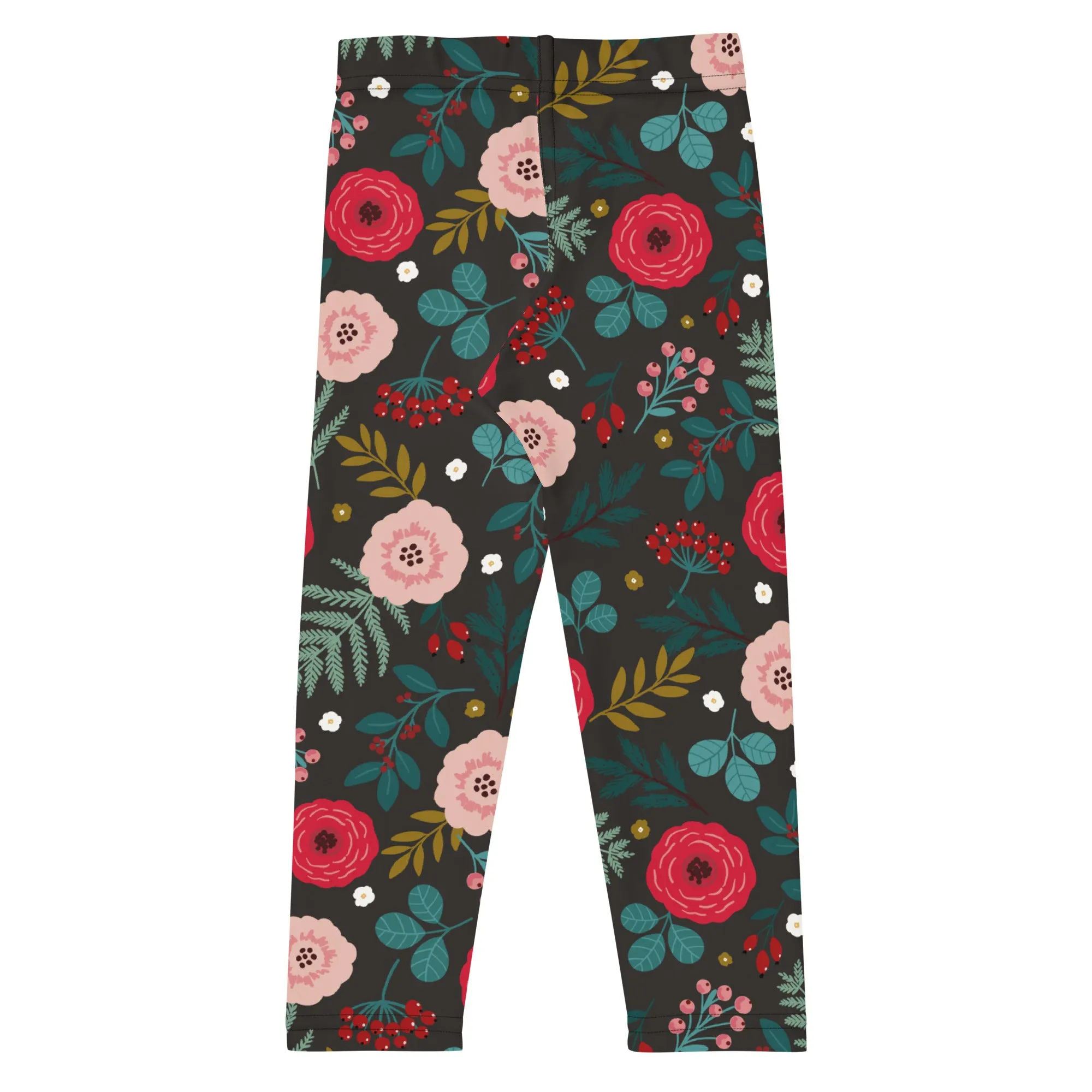 Dark Brown, Pink & Green Floral Kid's Leggings (2T-7)