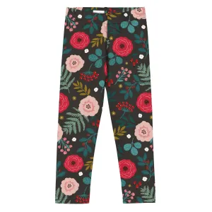 Dark Brown, Pink & Green Floral Kid's Leggings (2T-7)