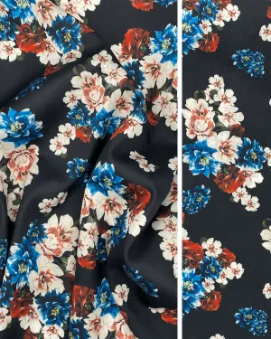 Dark Floral Fabric with Blue White and Red Flowers on Black Cotton Sateen