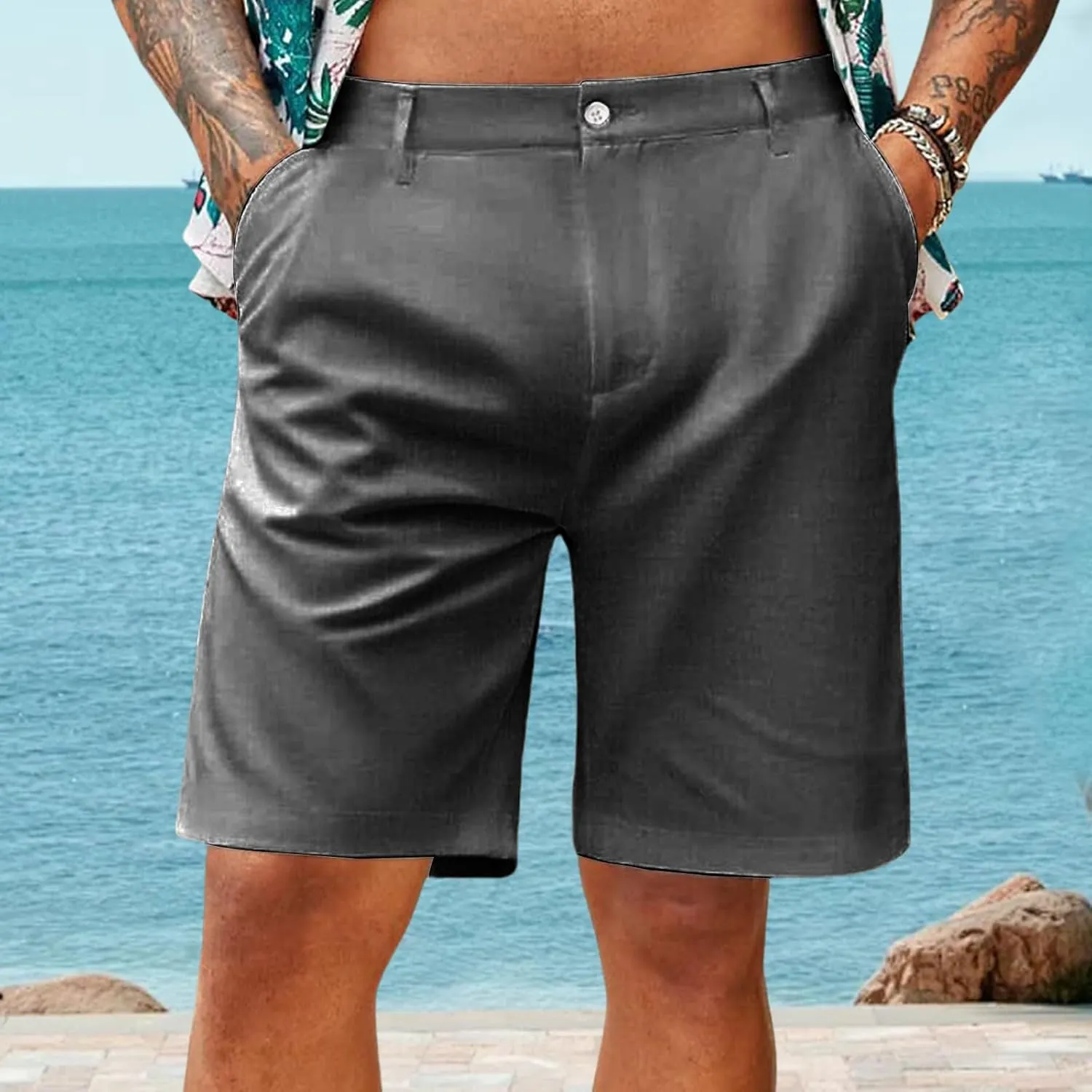 evzosrz Mens Stretch Flat Front Chino Shorts Casual Slim-Fit Breathable Short Pants Fashion Straight Solid Color Golf Shorts