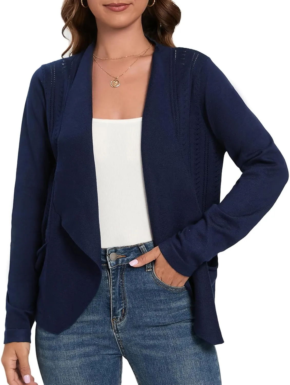 GRACE KARIN Women's Open Front Sweater Blazer Lapel Cardigan Sweater Long Sleeve Knitted Blazer Jackets with Pockets
