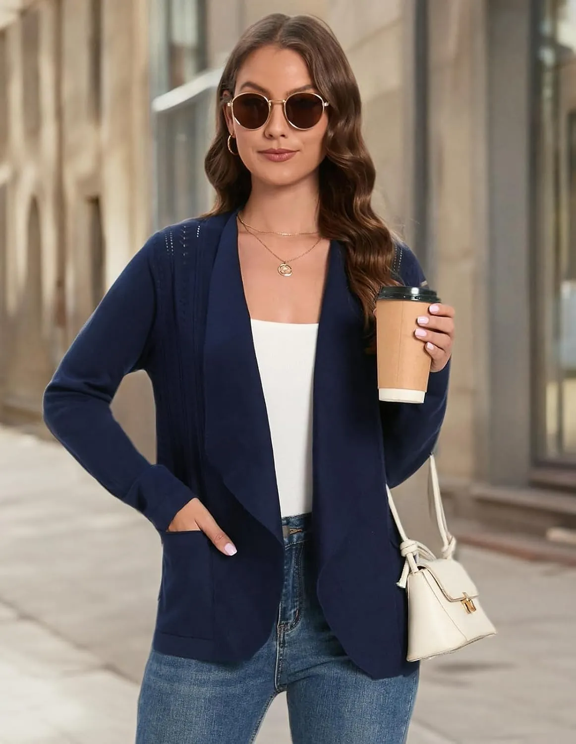 GRACE KARIN Women's Open Front Sweater Blazer Lapel Cardigan Sweater Long Sleeve Knitted Blazer Jackets with Pockets