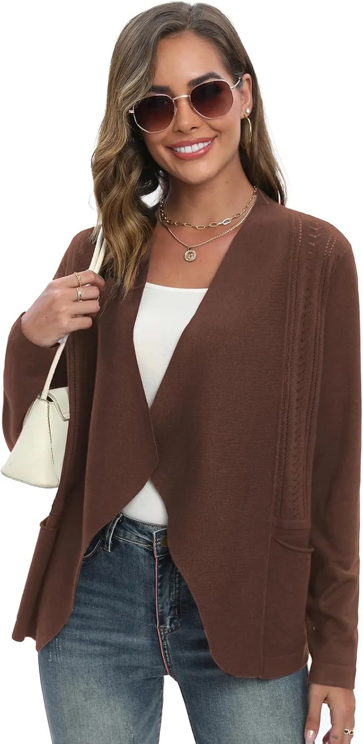 GRACE KARIN Women's Open Front Sweater Blazer Lapel Cardigan Sweater Long Sleeve Knitted Blazer Jackets with Pockets