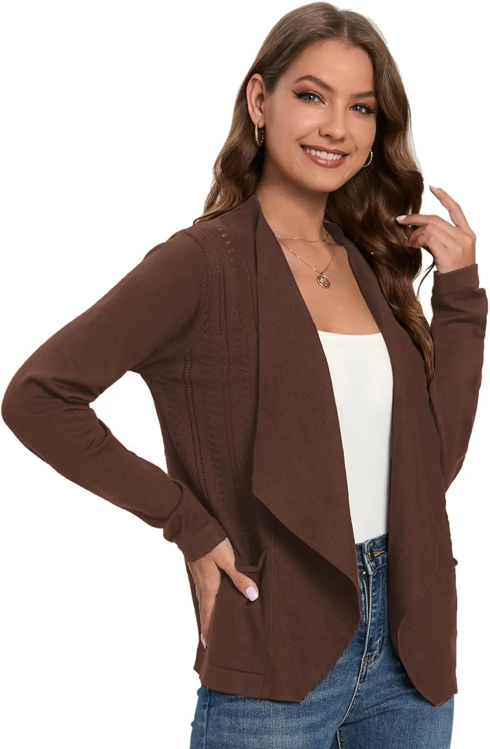 GRACE KARIN Women's Open Front Sweater Blazer Lapel Cardigan Sweater Long Sleeve Knitted Blazer Jackets with Pockets