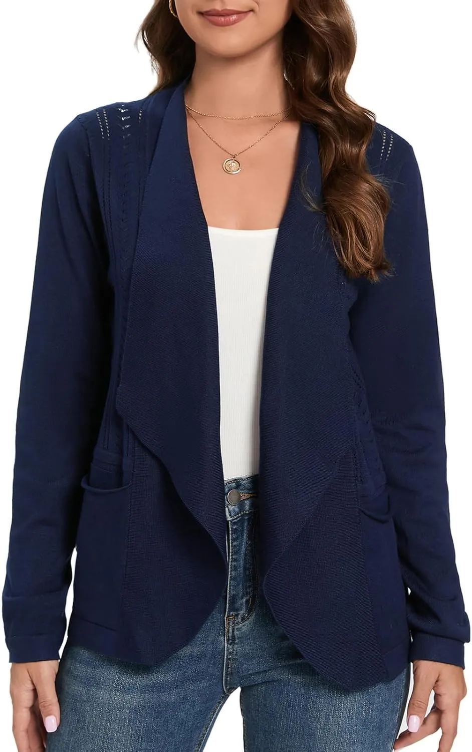 GRACE KARIN Women's Open Front Sweater Blazer Lapel Cardigan Sweater Long Sleeve Knitted Blazer Jackets with Pockets