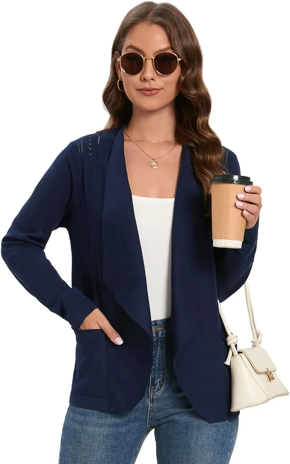 GRACE KARIN Women's Open Front Sweater Blazer Lapel Cardigan Sweater Long Sleeve Knitted Blazer Jackets with Pockets