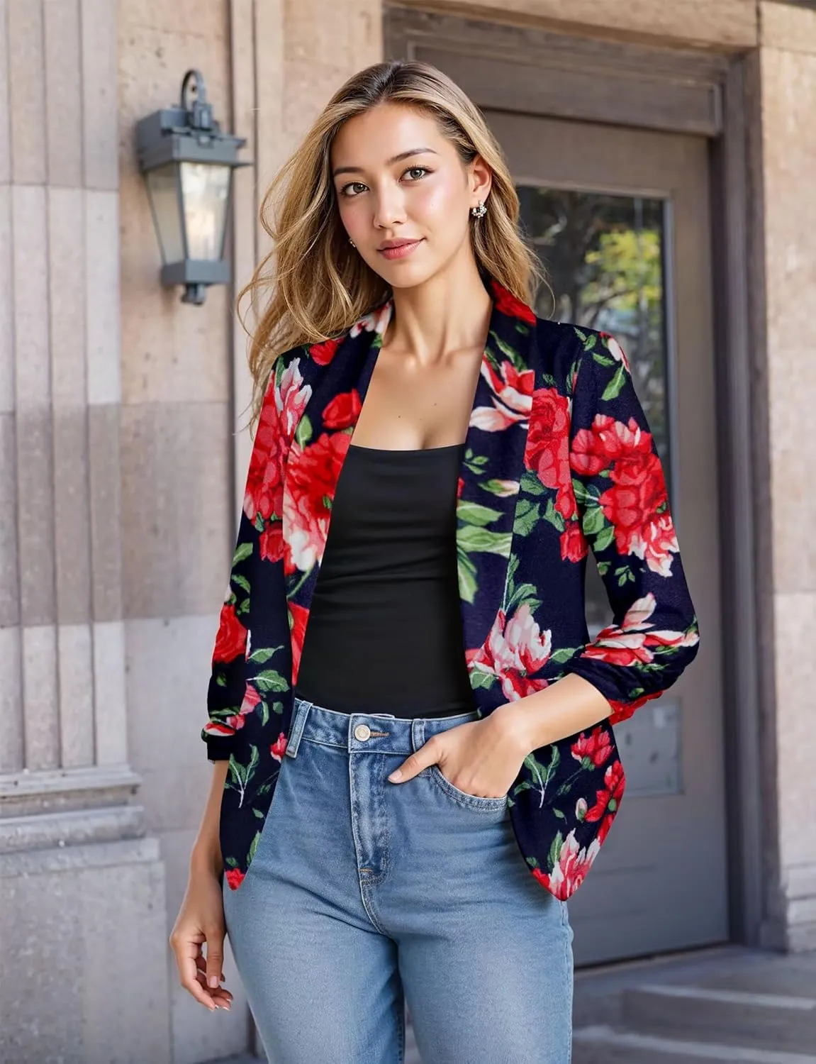 Hybrid & Company Women's Casual Work Office Blazer Jacket Open Front Shawl with 3/4 Scrunch Sleeves
