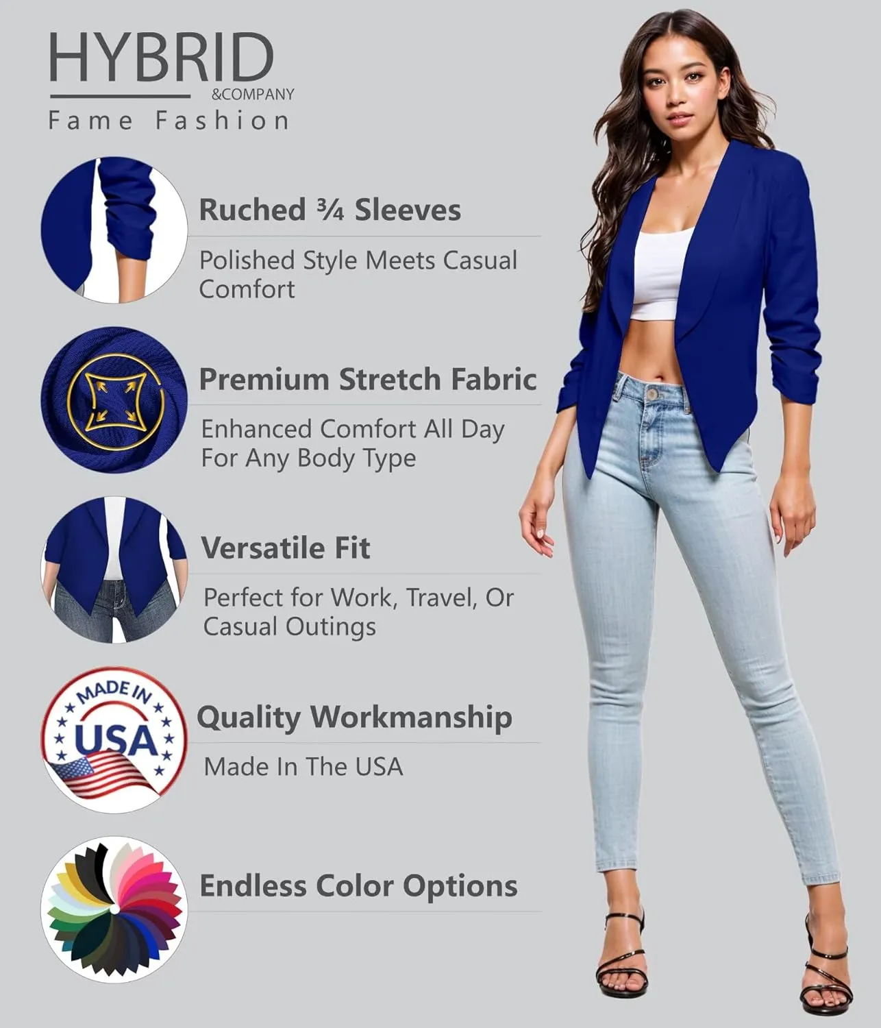 Hybrid & Company Women's Casual Work Office Blazer Jacket Open Front Shawl with 3/4 Scrunch Sleeves