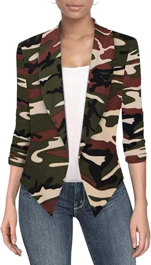 Hybrid & Company Women's Casual Work Office Blazer Jacket Open Front Shawl with 3/4 Scrunch Sleeves