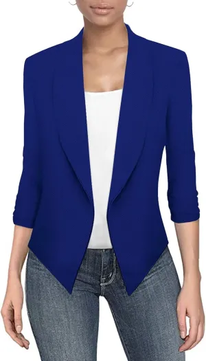 Hybrid & Company Women's Casual Work Office Blazer Jacket Open Front Shawl with 3/4 Scrunch Sleeves